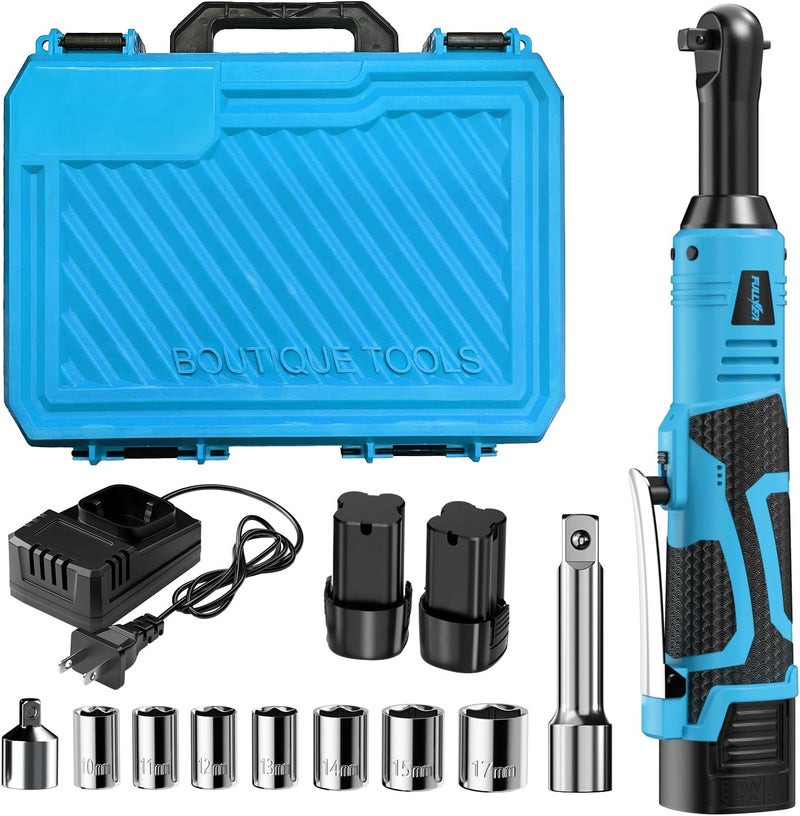 FULLYEA Cordless Electric Ratchet Wrench Set, 16.8V 3/8 cordless ratchet, 550 RPM, Variable Speed Power Ratchet Tool Kit with 2 * 2.0Ah Li-ion Battery, 1/4" Adapter & 3" Extension Bar(Blue) - Image 1